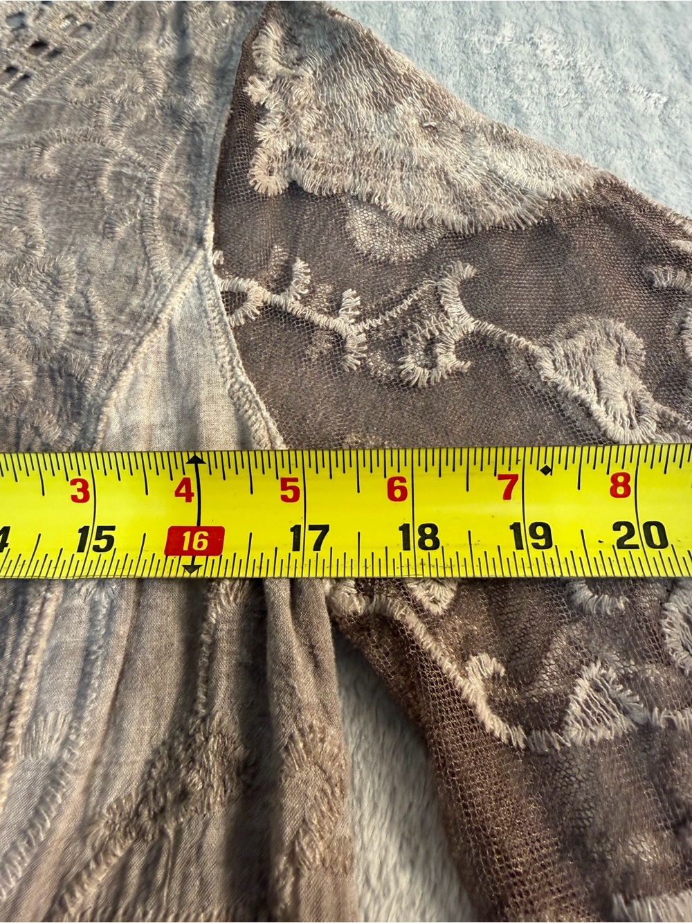 Embroidered Boho Peplum Top S Taupe Lace Mesh Cottagecore - Picture 8 of 12